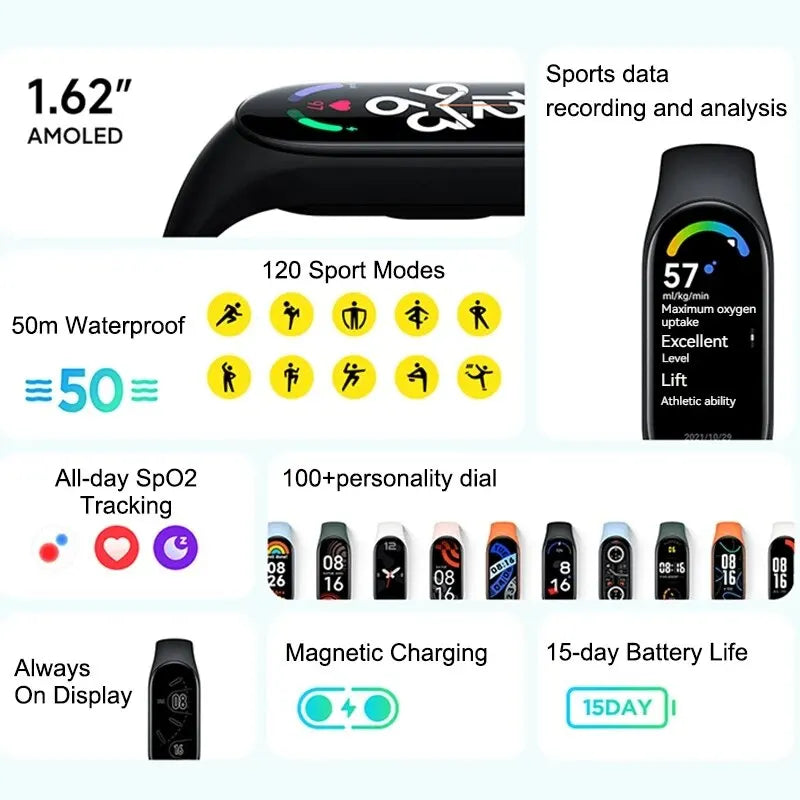Xiaomi Mi Band 7 | Monitorador de Oxigênio | Tela Touch 1.62" AMOLED | À Prova D'água | 120 Modos Fitness